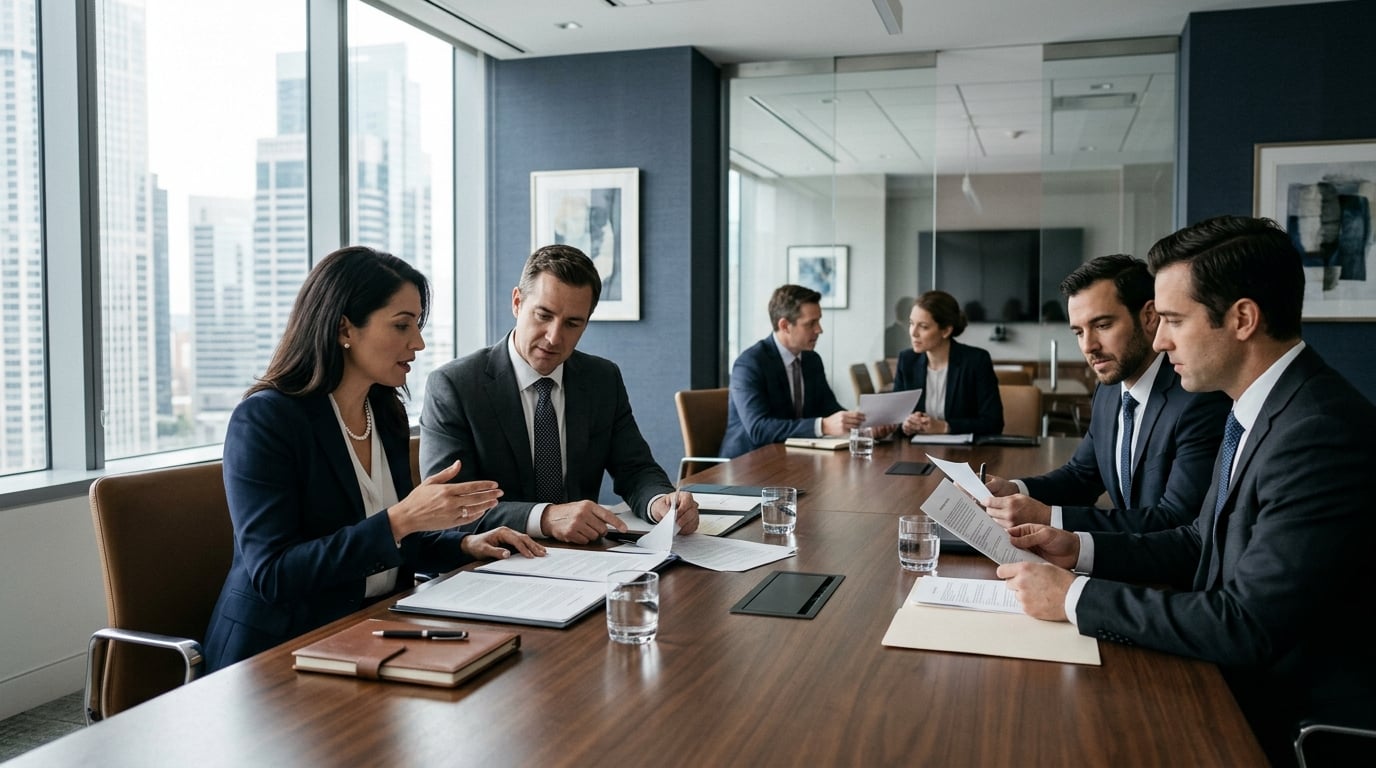 Business professionals reviewing procurement documents in a boardroom